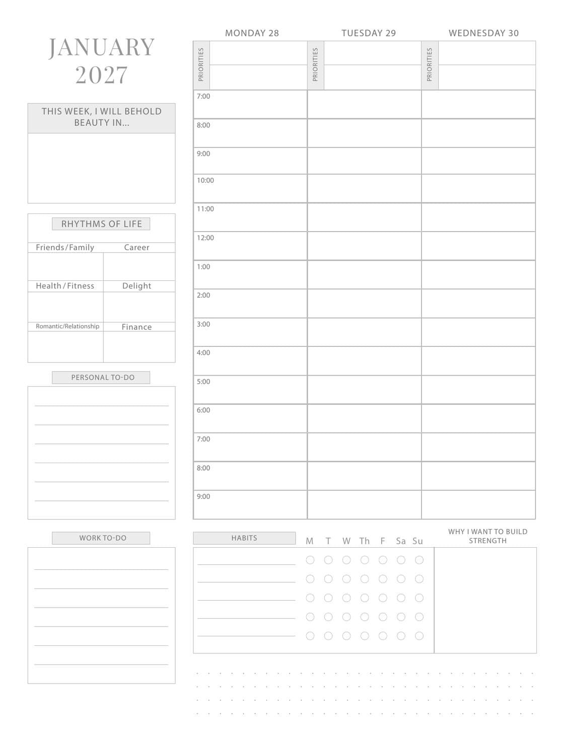 Official Ezer Planner weekly left page with roles, priorities, habits, and to-dos