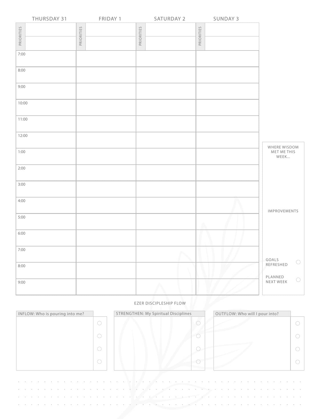 Official Ezer Planner weekly right page with time blocks and discipleship flow prompts