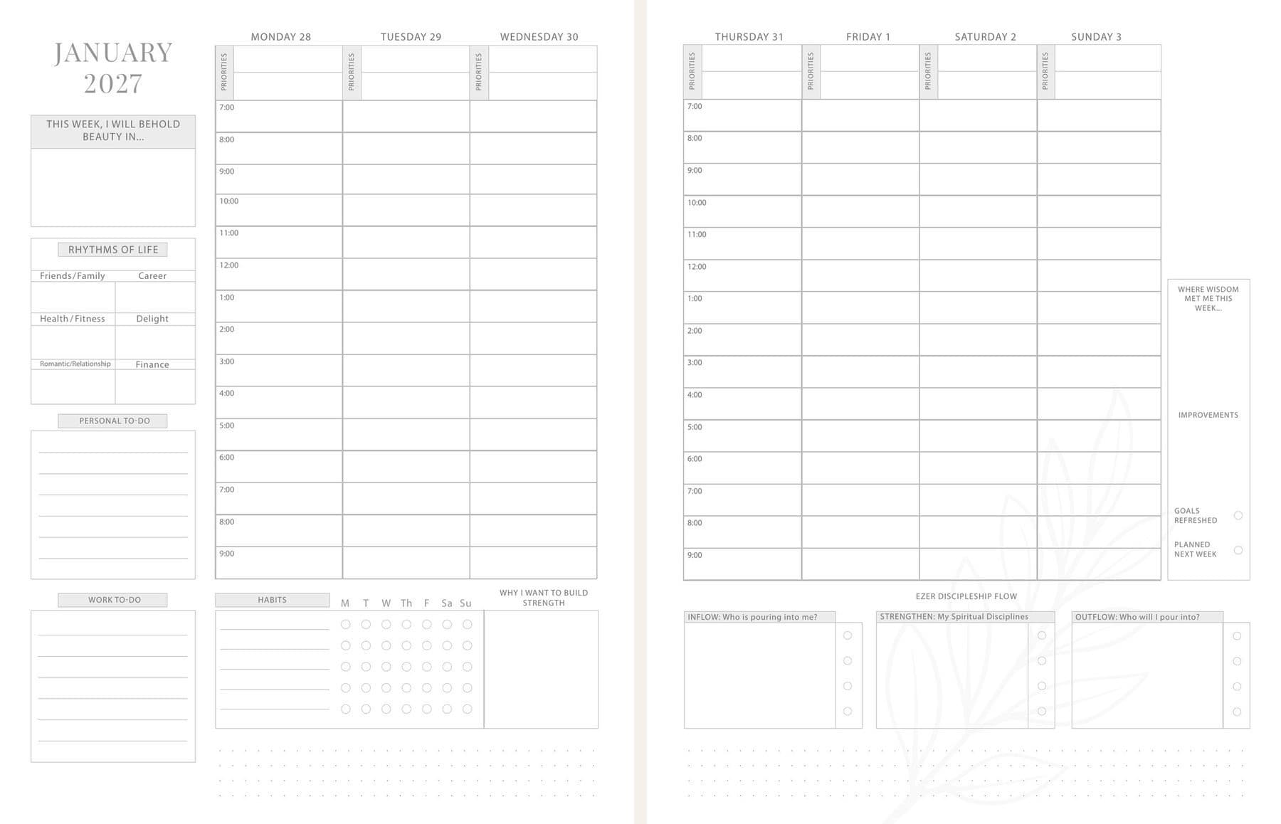 Official Ezer Planner weekly spread preview with planning and reflection sections